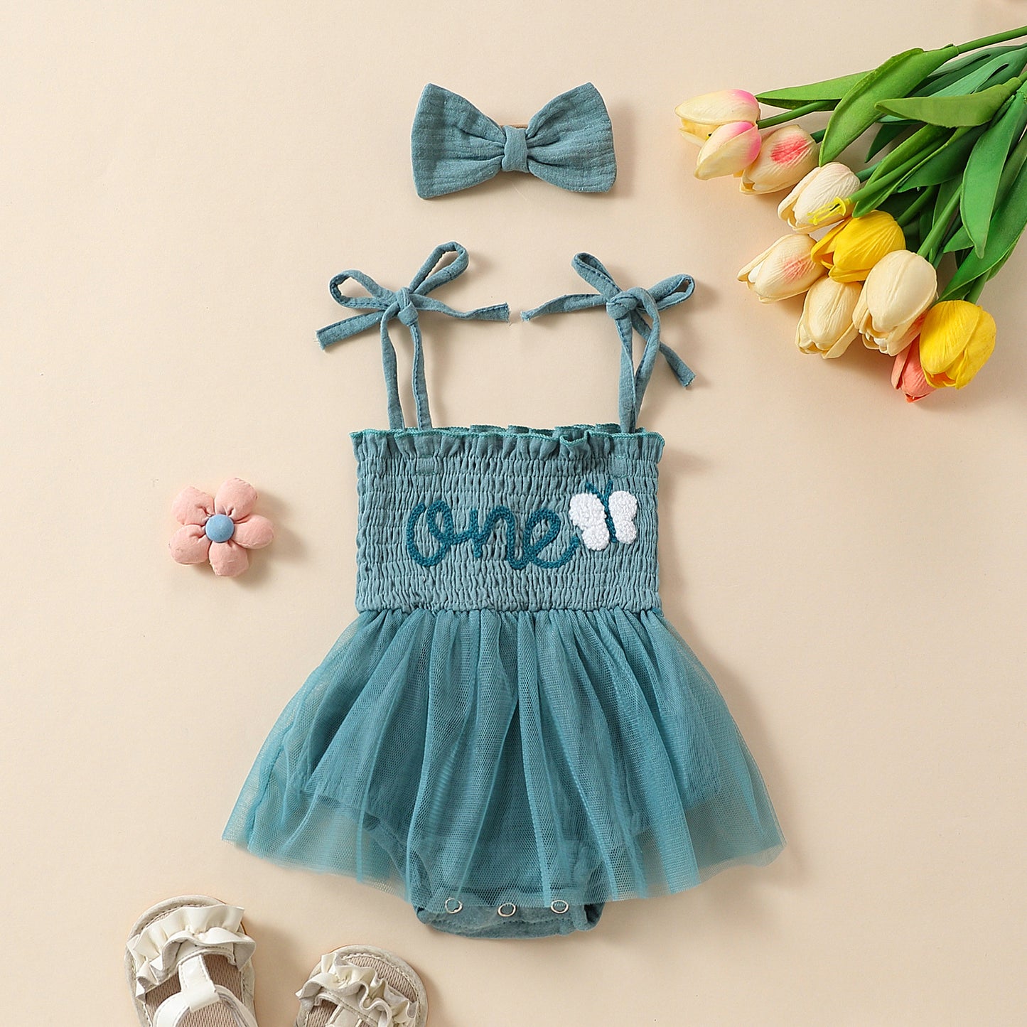 Towel Embroidery Mesh Slip Dress Bowknot Headband Two-piece Set